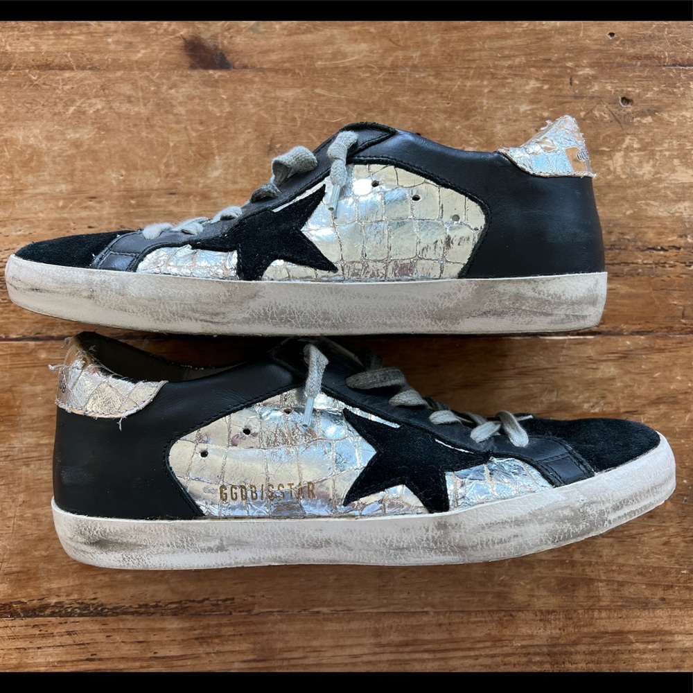 Golden Goose Superstar Sneakers Black Silver Metallic Sz 38